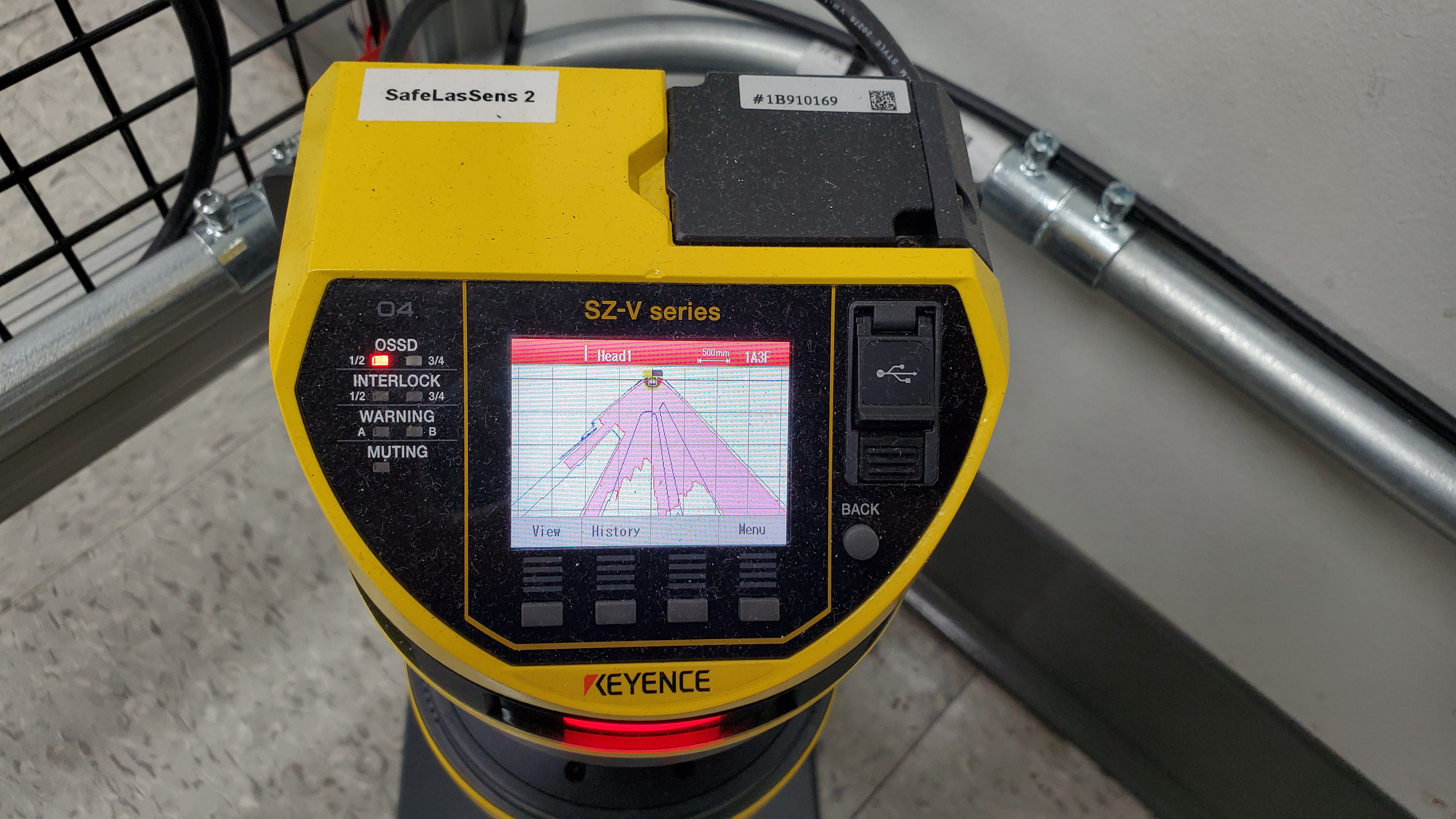 Keyence safety laser scanner showing active monitored protective zone
